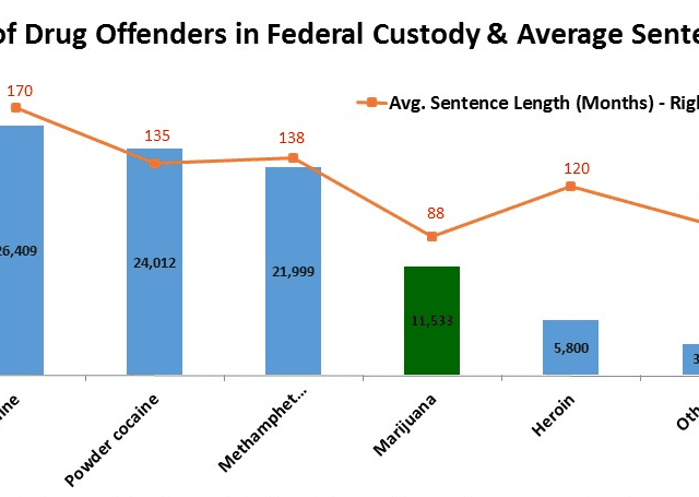 Number of drug offenders in federal custody and average sentence length - New Frontier