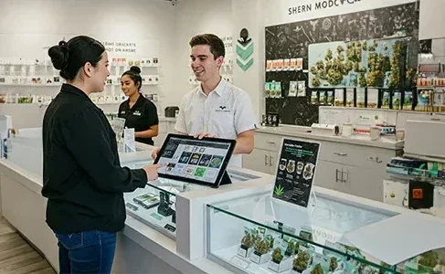 2 a tablet displaying products, while two staff members assist