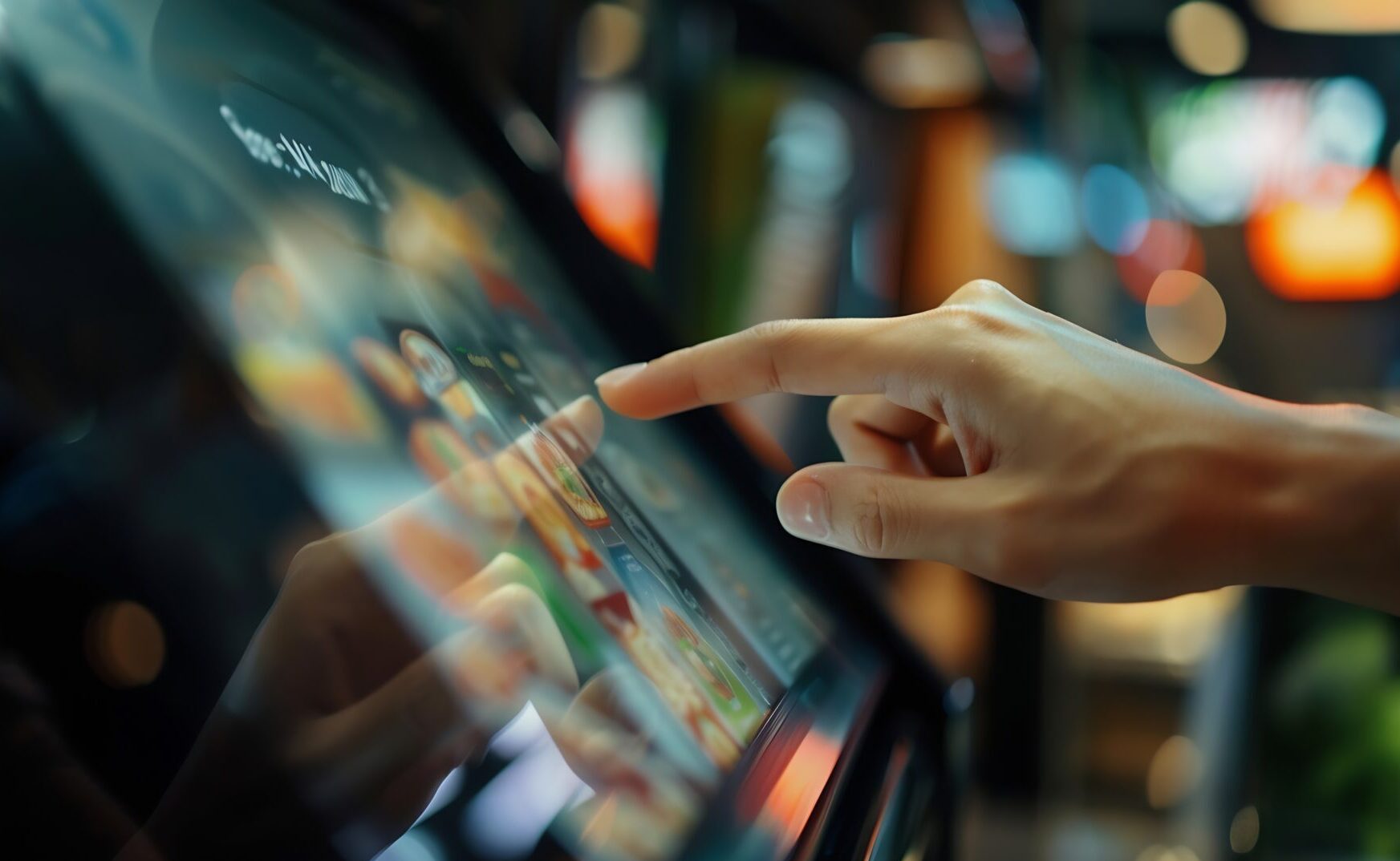Selective focus to customers hand is touching a touch screen to order food and pay electronically : Generative AI